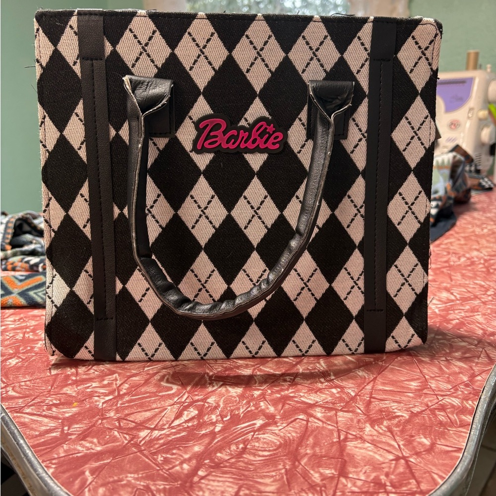 Barbie Pink Logo Black and White Diamond Tote